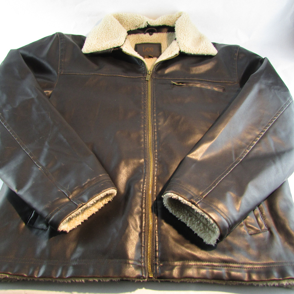 Vtg Lee Sherpa Lined Bomber Jacket Faux Leather